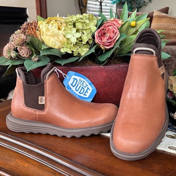 Hey Dude Shoes - Brand New Hey Dude Branson Boot Craft Leather Cognac Slip On Casual Ankle Boots